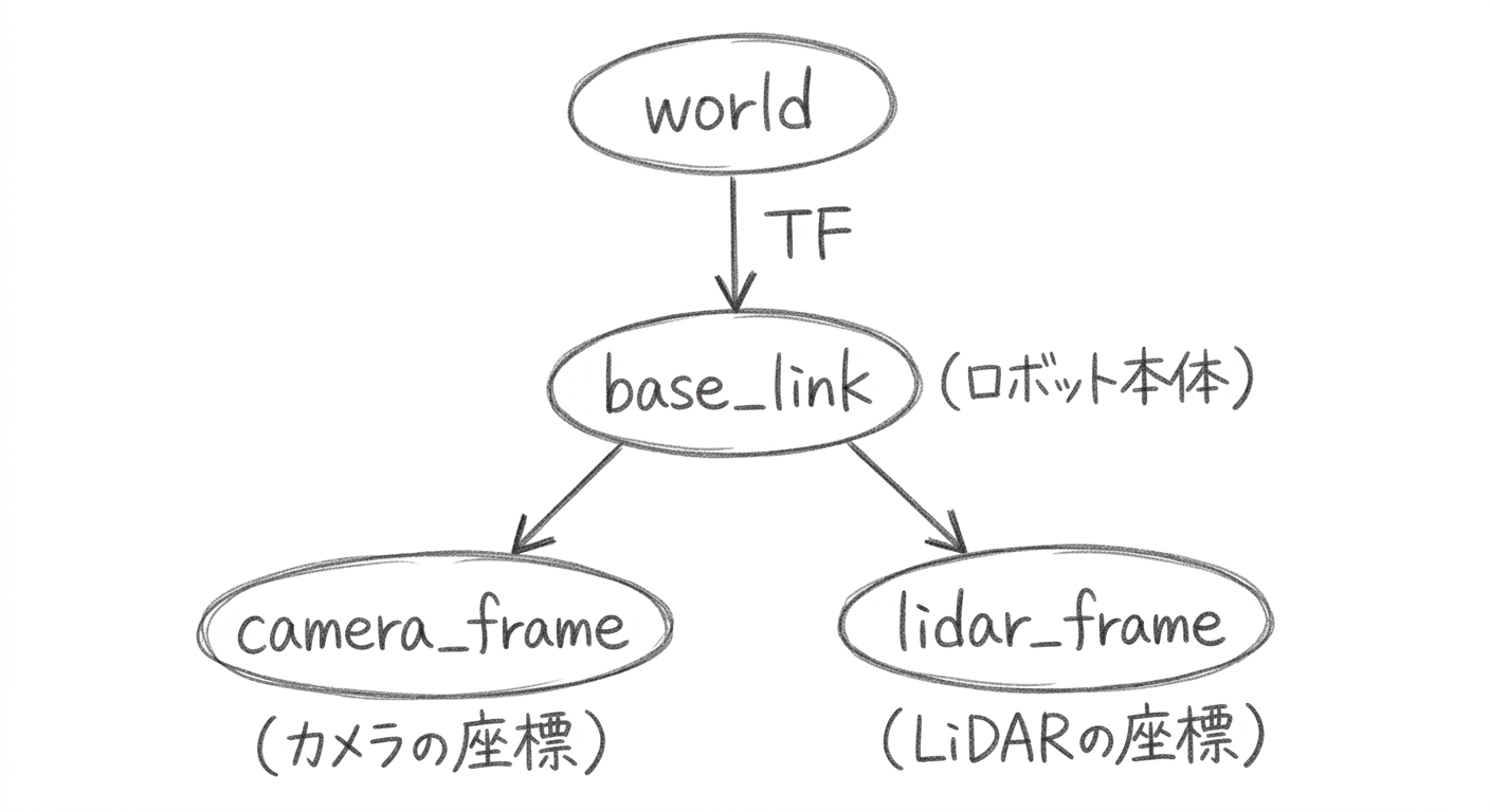 ロボットの座標フレーム構造（world → base_link → camera/lidar）