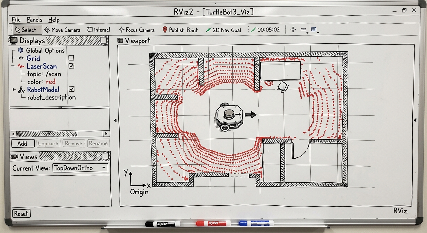 RViz2でLiDARデータをリアルタイム表示している様子