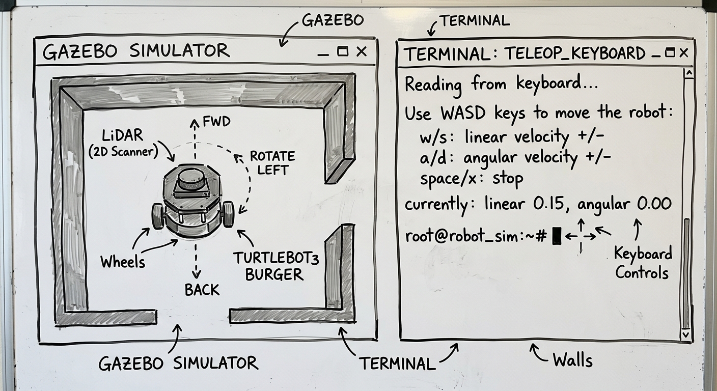 GazeboでTurtleBot3を操縦している様子