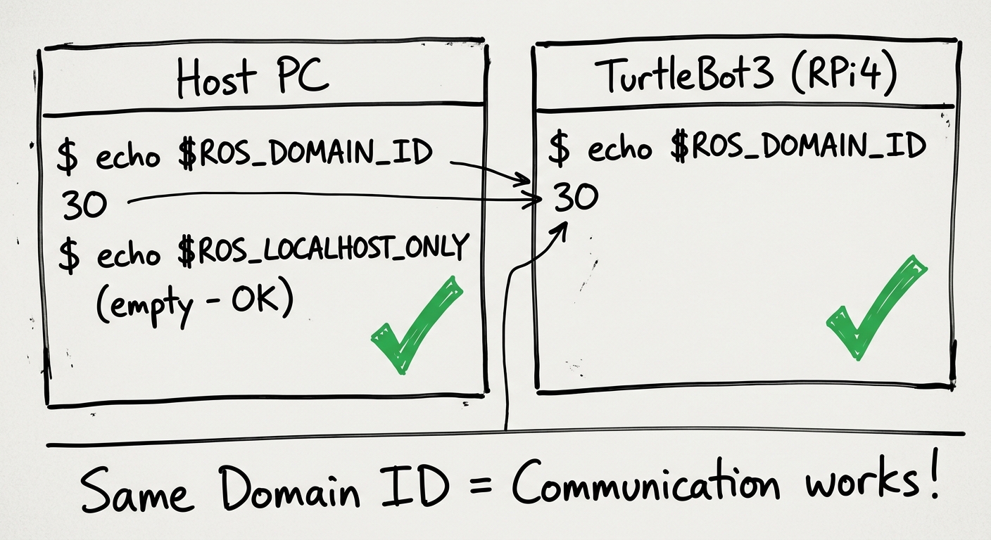 ホストPCとRPi4でROS_DOMAIN_IDが一致していることを確認