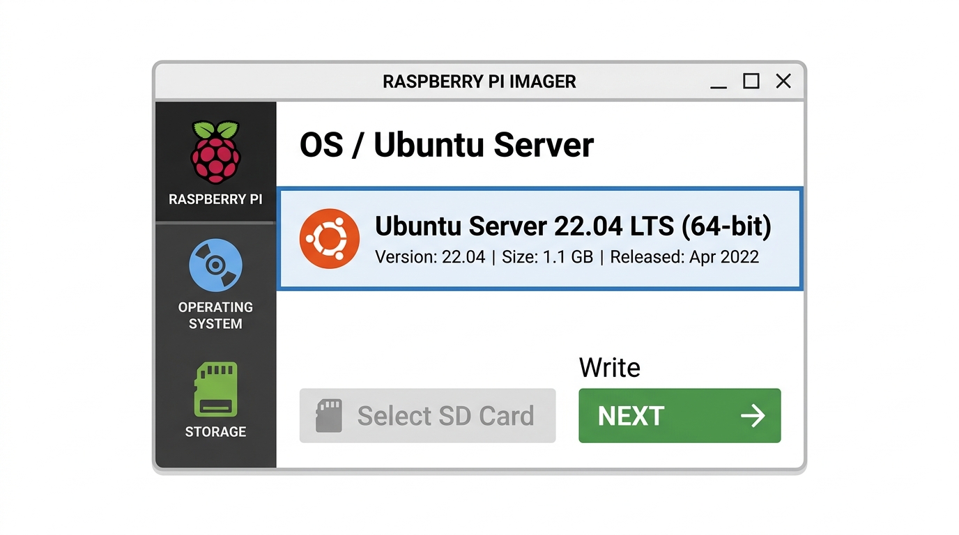 Raspberry Pi ImagerでUbuntu Server 22.04を選択する手順（スクリーンショット）